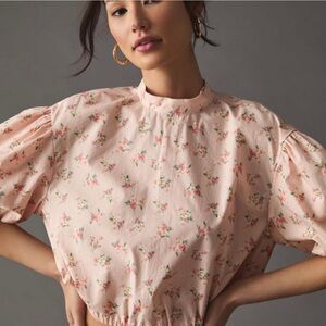 NWT Anthropologie Pink Floral Rose Puff Sleeve Top